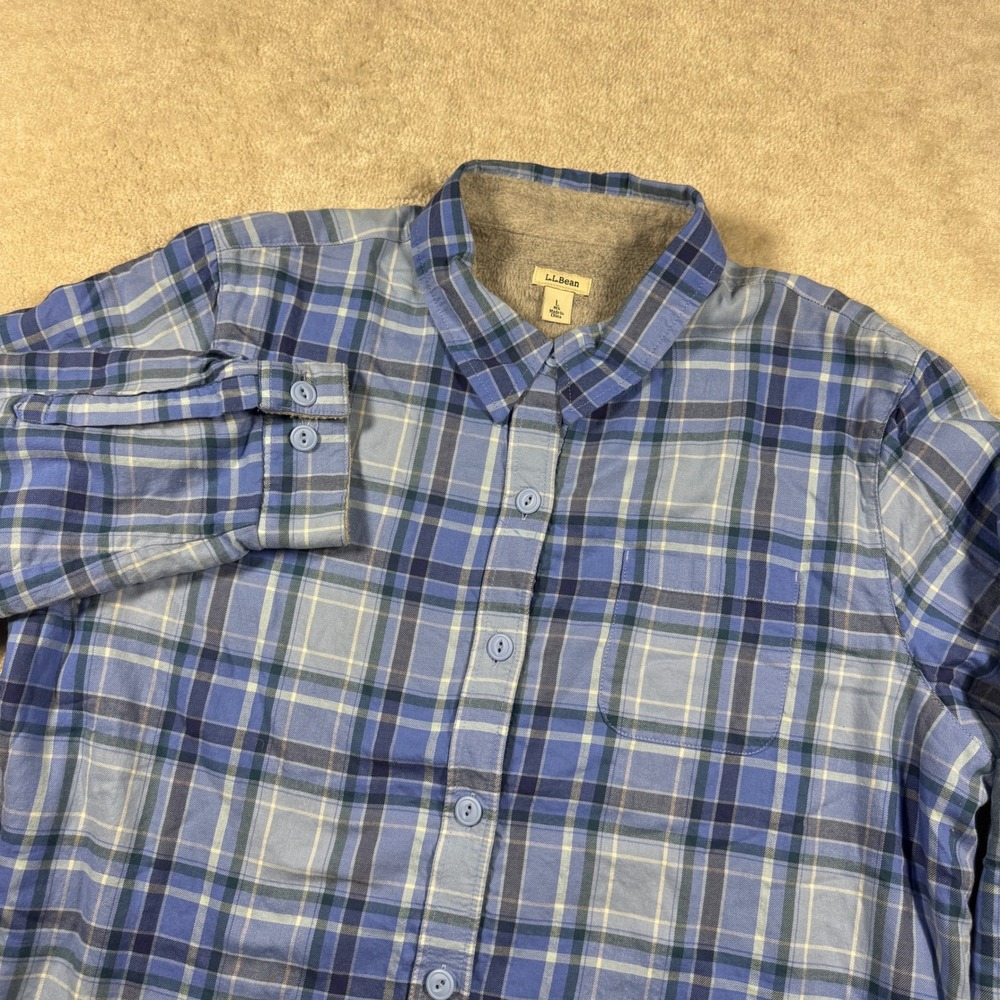 L.L.Bean Flannel Shirt Mens L Blue Plaid Fleece Lined Long Sleeve 285013 Pocket